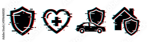 Digital glitch effect insurance icons representing various forms of protection including health, auto, and home security.