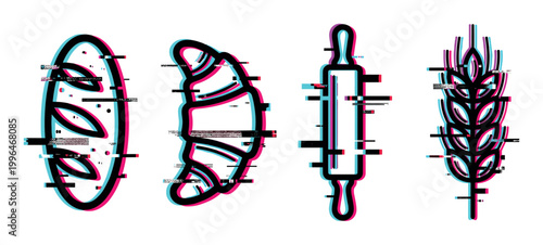 Baguette, croissant, rolling pin, and wheat icons with a modern digital glitch effect, representing baking and food.