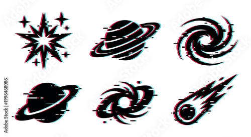 Space icons celestial bodies cosmic elements featuring a modern digital glitch effect and retro cyberpunk style.