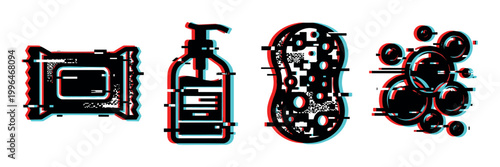 Digital glitch hygiene icons featuring wet wipes, soap dispenser, sponge, and bubbles with a modern distorted effect.