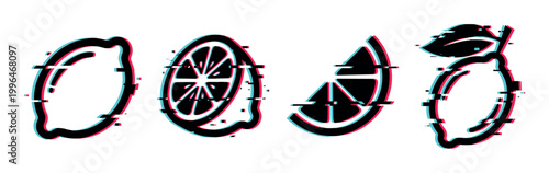 Lemon fruit icons with modern glitch effect, featuring whole, sliced, and wedge illustrations in a digital art style.