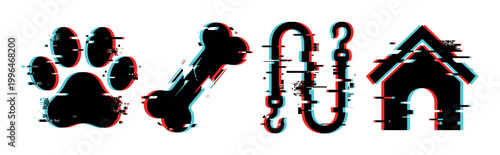 Glitch effect pet icons featuring a paw print, bone, leash, and dog house with a modern digital distortion style.