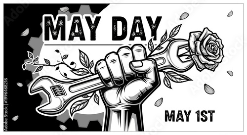 Resilient monochrome illustration featuring a powerful hand clutching a wrench intertwined with a blooming rose and flowing foliage, representing labor strength, worker unity, and collective power