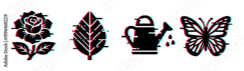 Rose, leaf, watering can, and butterfly icons with a modern digital glitch effect, perfect for nature and technology themes.