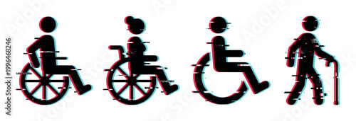 Disability icons and accessibility symbols featuring wheelchair users and an elderly person with a cane, depicted with a modern digital glitch effect.