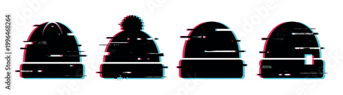 Winter hats with glitch effect, a set of four different beanie designs featuring digital distortion and anaglyph style color shifts.