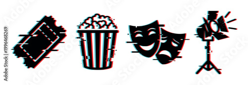 Cinema entertainment icons with glitch effect featuring movie ticket, popcorn, theater masks, and studio spotlight illustration.