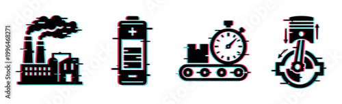 Industrial factory battery conveyor piston icons with modern glitch effect representing manufacturing, energy, and mechanical processes.