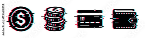 Financial icons with glitch effect including coins, credit card, and wallet representing digital payment and online transactions.