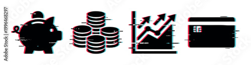 Financial icons with glitch effect representing saving, investment, growth, and digital payment methods.