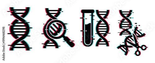 DNA genetics science research biotechnology icons with glitch effect representing gene editing, analysis, and modification concepts.