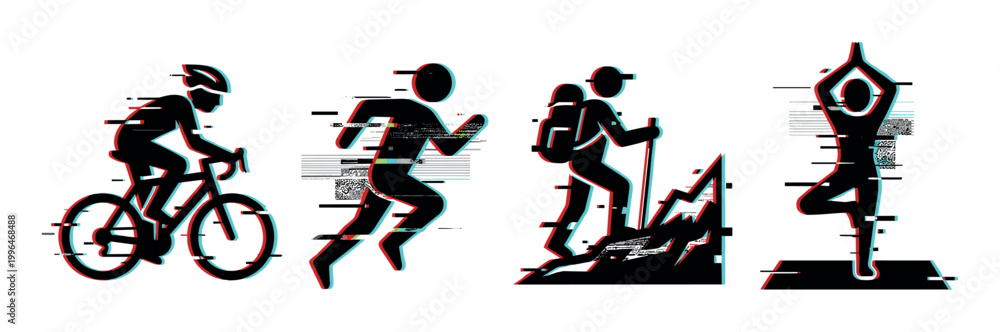 Fototapeta premium Sports activity icons with glitch effect representing cycling, running, hiking, and yoga for modern digital design projects.