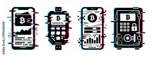 Cryptocurrency icons set with glitch effect representing digital assets, blockchain technology, and secure financial transactions.