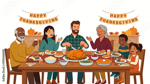 Cheerful diverse family enjoying a traditional thanksgiving dinner together around a festive table, vector illustration.