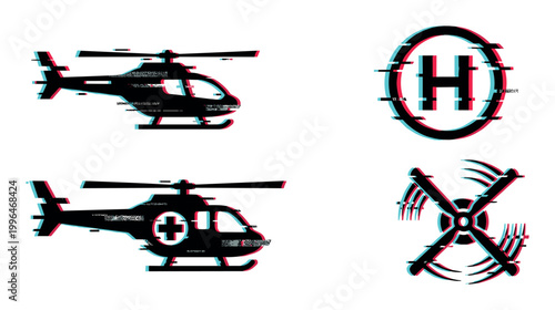 Helicopter, helipad, and rotor blade icons with a modern digital glitch effect, representing aviation, emergency services, and technology.