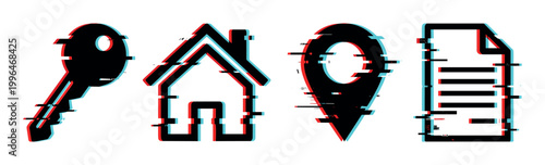 Key, house, location pin, and document icons with a modern digital glitch effect representing property, security, and information.