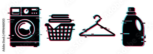 Washing machine, laundry basket, clothes hanger, and detergent bottle icons with a modern digital glitch effect.