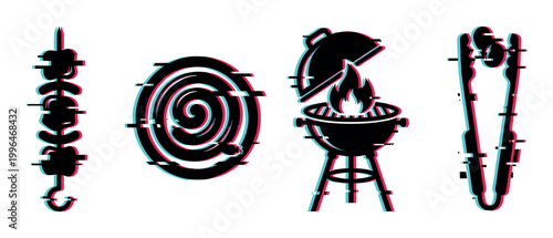 Collection of barbecue grilling food and tools with a modern digital glitch effect vector illustration.