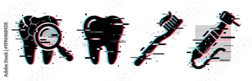 Dental icons with glitch effect showing teeth, toothbrush, and dental tools for modern dentistry concepts and oral health.