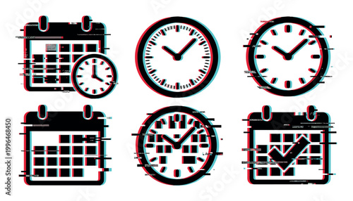 Digital glitch time and calendar icons with anaglyph effect represent scheduling, deadlines, and modern technology concepts.