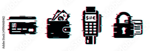 Digital financial payment and security icons with a modern glitch effect representing online transactions and data protection challenges.