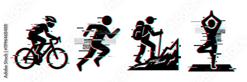 Sports activity icons with glitch effect representing cycling, running, hiking, and yoga for modern digital design projects.