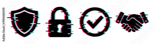 Digital security, privacy, and trust icons with modern glitch effect representing data protection and online safety concepts.