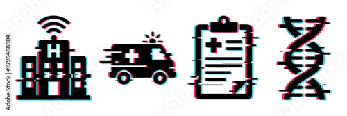Digital healthcare icons with glitch effect representing modern medical technology and data challenges in a futuristic context.