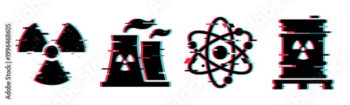 Nuclear energy and radiation symbols with a modern digital glitch effect, representing atomic power, danger, and hazardous waste.