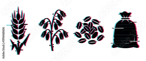 Agricultural grain and seed icons with modern glitch effect, featuring wheat, oats, coffee beans, and a sack.