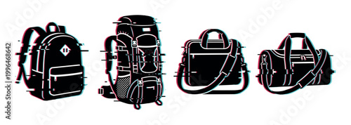 Various travel bags, backpacks, duffel bags, and messenger bags featuring a modern digital glitch effect, representing journey, adventure, and daily essentials.