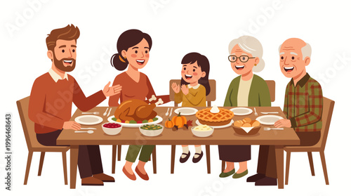 Cheerful family sharing a roasted turkey during a thanksgiving harvest dinner gathering, vector illustration.