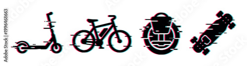 Electric scooter, bicycle, unicycle, and skateboard icons with a modern glitch effect representing personal electric transportation.