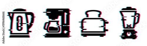 Household kitchen appliances vector illustration featuring a modern digital glitch effect with cyan and magenta color shifts.