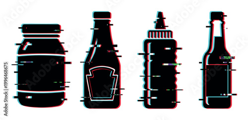 Glitch effect condiment bottles with digital distortion and anaglyph style create a modern abstract food packaging illustration.