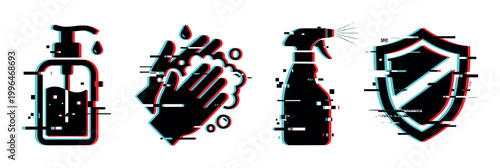 Hygiene protection icons set featuring hand sanitizer, washing hands, spray bottle, and shield with a modern glitch effect.