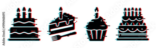 Birthday cakes, cupcake, and cake slice with candles in a modern digital glitch art style for festive celebrations.