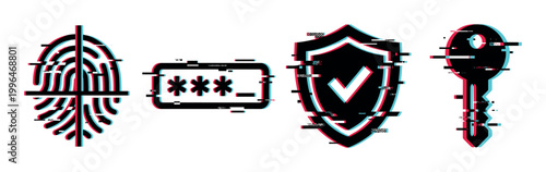 Glitch effect security icons including fingerprint, password, shield, and key representing digital data protection and cyber privacy.