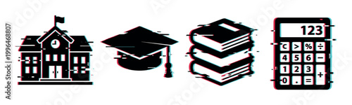 Education icons set featuring school building, graduation cap, stack of books, and calculator with a modern glitch effect.