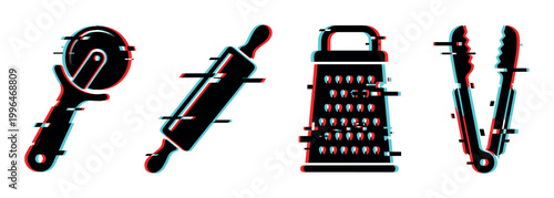 Kitchen utensils set with pizza cutter, rolling pin, grater, and tongs featuring a modern glitch effect.