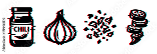 Chili jar, garlic, chopped spices, and sliced peppers with a modern digital glitch effect and vibrant color displacement.