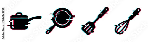Kitchen utensils with modern glitch effect, including a pot, frying pan, spatula, and whisk, for cooking and culinary concepts.