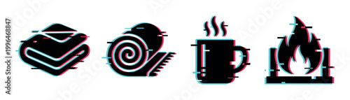 Glitch effect icons of cozy home items including a folded blanket, rolled blanket, steaming mug, and a warm fireplace.