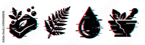 Natural remedies icons with modern glitch effect representing herbal medicine, wellness, and botanical elements in a digital style illustration.