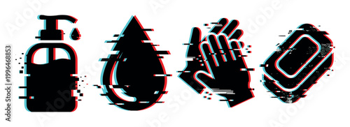 Glitch effect hygiene icons set featuring hand sanitizer, water, washing hands, and soap for modern health concepts and digital design.