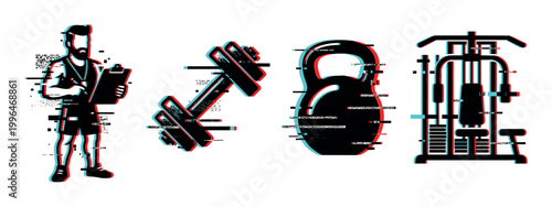 Fitness icons set with personal trainer, dumbbell, kettlebell, and gym machine in a modern glitch effect style.