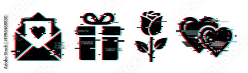 Glitch effect love icons set featuring an envelope with heart, gift box, rose, and hearts for digital romance and celebration.