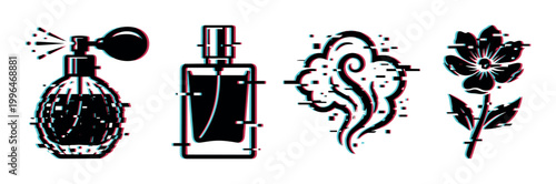Perfume bottles, scent cloud, and flower icons with a modern digital glitch effect, representing fragrance and aroma.