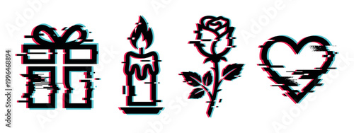 Gift box, burning candle, blooming rose, and heart symbols with a modern digital glitch effect, perfect for contemporary design projects and romantic themes.