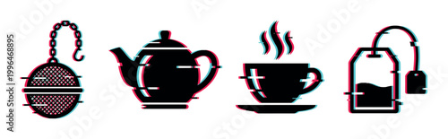 Collection of black tea icons with a modern glitch effect, including an infuser, teapot, steaming cup, and tea bag.